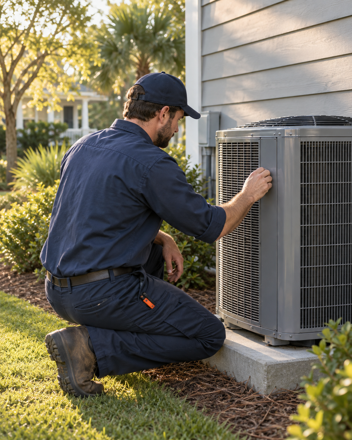 Illustrative image of an HVAC technician working outside a home